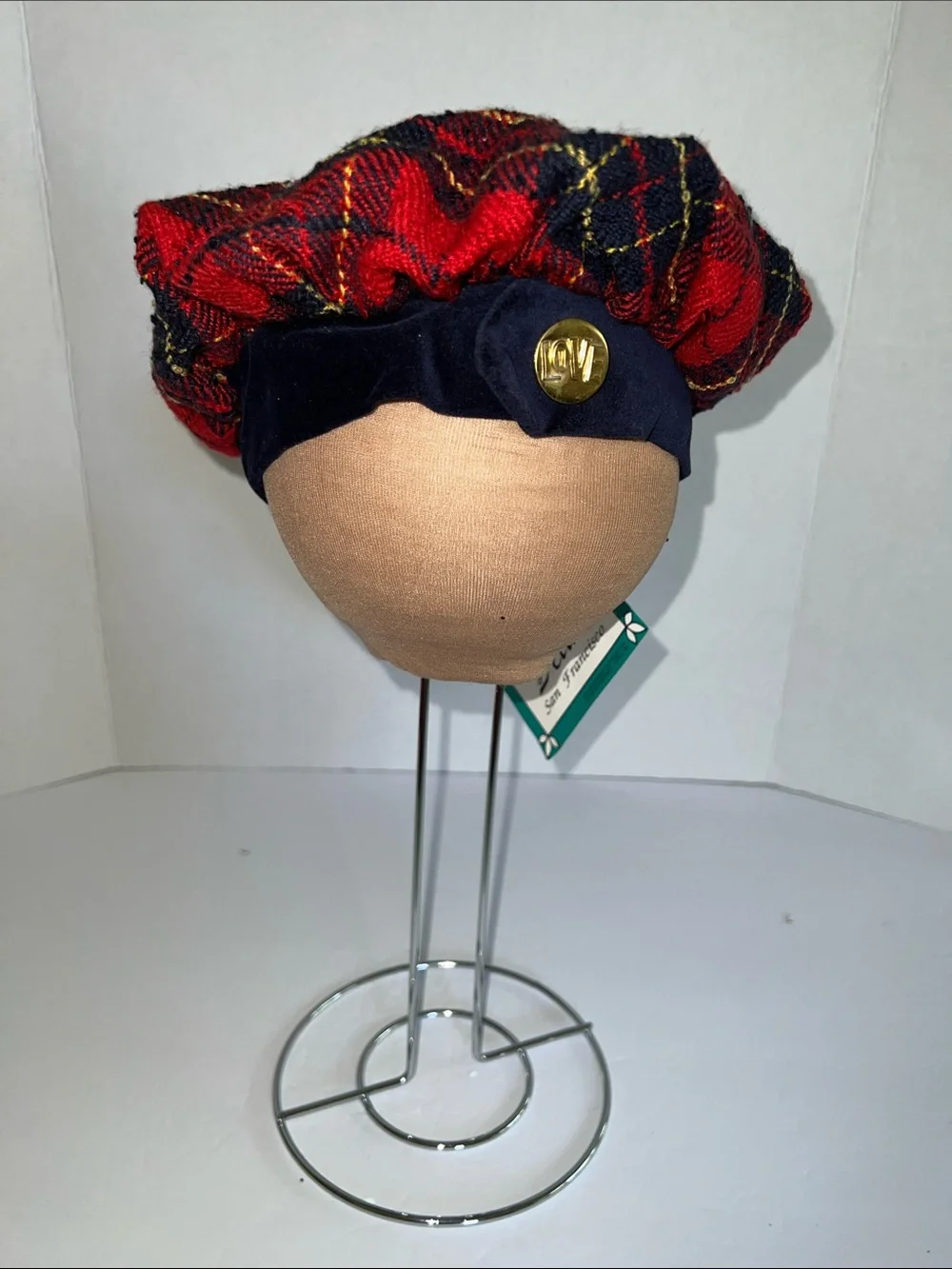 Vintage Kids Red Plaid Beret with Navy Band and Gold Button that says LOVE